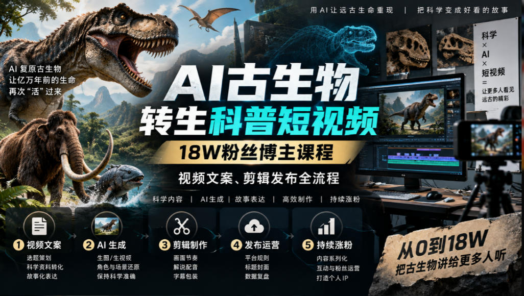 古生物AI科普短视频教学，带你从零基础到精通AI视频制作，实现古生物科普短视频制作的完整闭环，共2课时-只做优质可落地项目