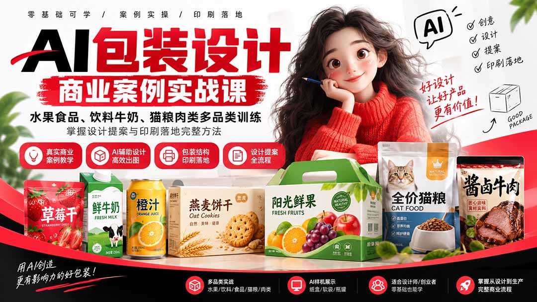 AI包装设计商业案例实战课：水果食品、饮料牛奶、猫粮肉类多品类训练，掌握设计提案与印刷落地完整方法-只做优质可落地项目