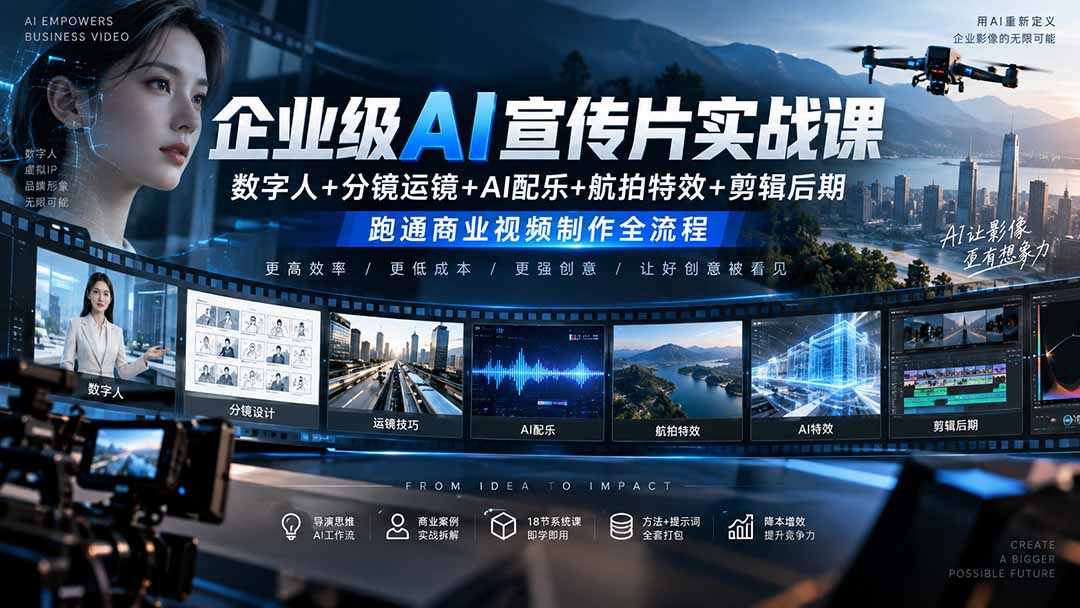 企业级AI宣传片实战课｜数字人+分镜运镜+AI配乐+航拍特效+剪辑后期，跑通商业视频制作全流程-只做优质可落地项目