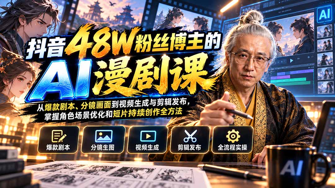 【精】抖音48W粉丝博主的AI漫剧课：从爆款剧本、分镜画面到视频生成与剪辑发布，掌握角色场景优化和短片持续创作全方法-只做优质可落地项目