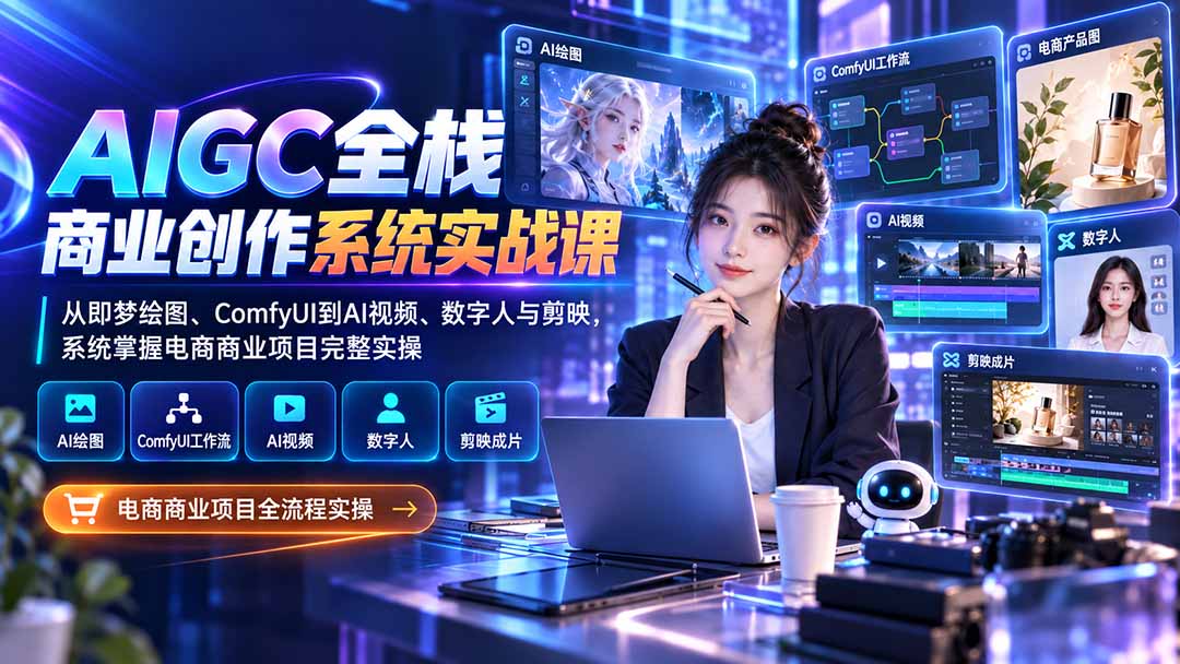 AIGC全栈商业创作系统实战课：从即梦绘图、ComfyUI到AI视频、数字人与剪映，系统掌握电商商业项目完整实操-只做优质可落地项目