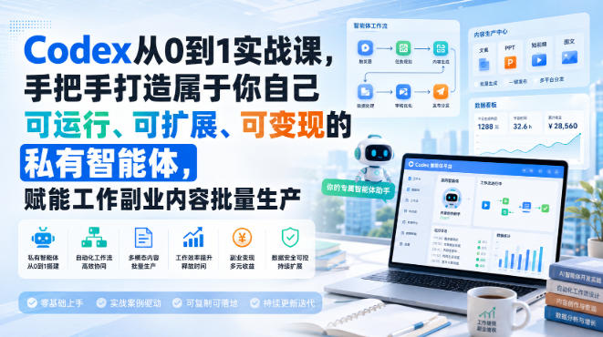 【精】Codex从0到1实战课,手把手打造属于你自己可运行、可扩展、可变现的私有智能体,赋能工作副业内容批量生产-只做优质可落地项目