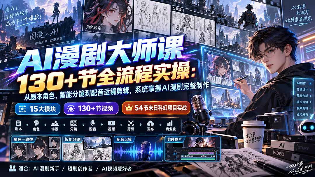 AI漫剧大师课130+节全流程实操：从剧本角色、智能分镜到配音运镜剪辑，系统掌握AI漫剧完整制作-只做优质可落地项目