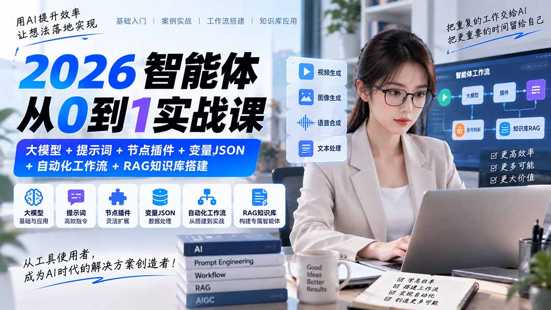 2026智能体从0到1实战课｜大模型+提示词+节点插件+变量JSON+自动化工作流+RAG知识库搭建-只做优质可落地项目