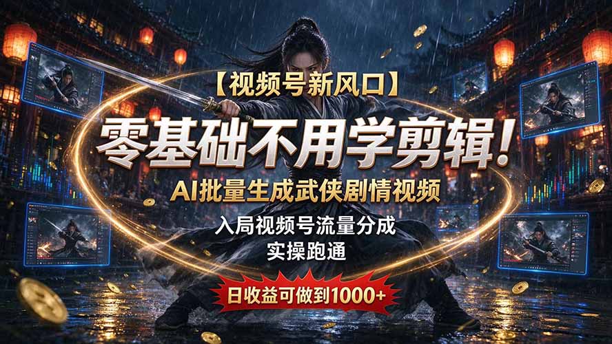 【视频号新风口】零基础不用学剪辑！AI 批量生成武侠剧情视频，入局视频号流量分成，实操跑通，日收益可做到 1000+-只做优质可落地项目